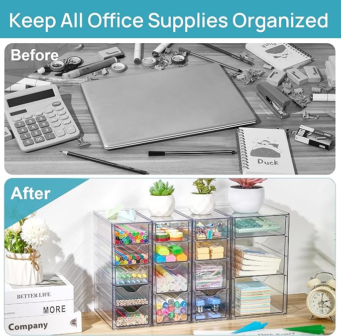 Vtopmart Acrylic Organizer with 16 Drawers (4 Set),Clear Storage Drawers for Office Supplies,Desk Organization and Storage for Makeup,Jewelry,Art Crafts