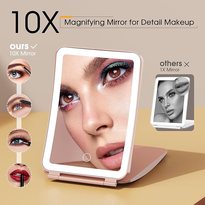 Travel Makeup Mirror with Lights and Magnification, 10X/1X Magnifying Vanity Mirror with 3 Colors & Brightness Adjustable, 2000 mAh Rechargeable Lighted Compact Mirror, Women Gift(Pink)