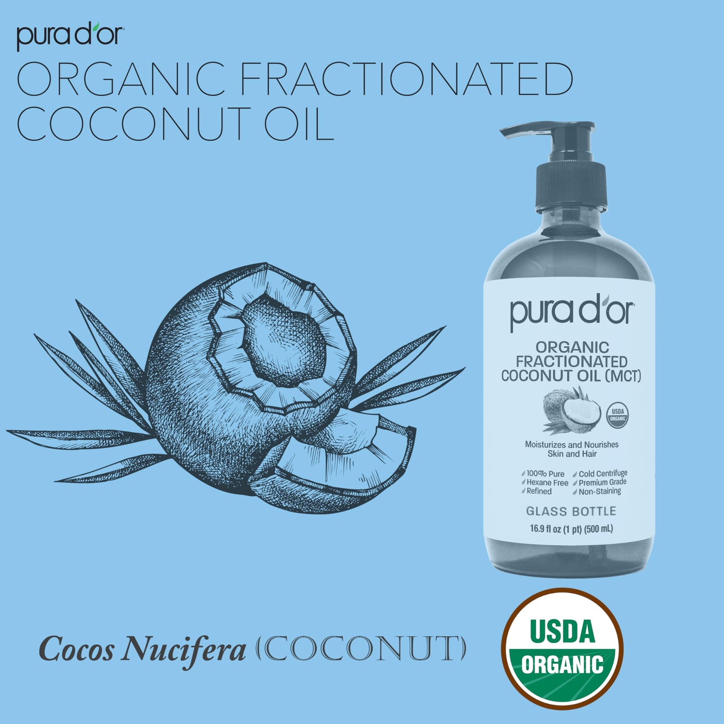 PURA D'OR ORGANIC Fractionated Coconut Oil MCT Oil (16.9 Oz GLASS BOTTLE) 100% Pure & Natural USDA Certified Cold Pressed - Unscented, Hexane Free Moisturizer For Face, Skin & Hair Tonic - Men & Women