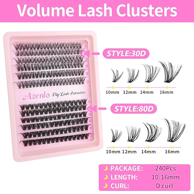 Azenlo Lash Extensions Cluster DIY Lashes 240pcs 30D 80D 10-16mm Eyelash Clusters Individual Lashes Cluster Lash Kit Thin Band Lash Kit(30D+80D KIT)