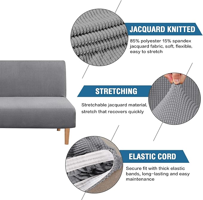 H.VERSAILTEX Armless Futon Cover Stretch Sofa Bed Slipcover Protector Elastic Feature Rich Textured High Spandex Small Checks Jacquard Fabric Futon Cover, Machine Washable, Dove