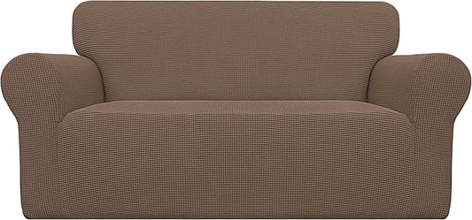 Easy-Going Stretch Loveseat Slipcover 1-Piece Sofa Cover Furniture Protector Couch Soft with Elastic Bottom for Kids Polyester Spandex Jacquard Fabric Small Checks (Loveseat, Brown)