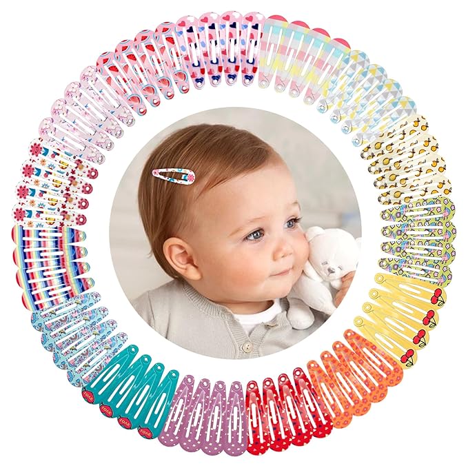 1Inch Cartoon Snap Hair Clips, 60Pcs Small Clips for Little Girls, Baby Infant 3cm Flower Print Hair Clips Barrettes for Toddlers Hair Accessories