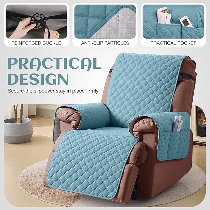 KinCam 100% Waterproof Recliner Chair Cover, Reclining Couch Covers for Pets, Dogs, Recliner Couch Slipcover Furniture Protector with Elastic Straps for Kids(23.6", Light Blue)