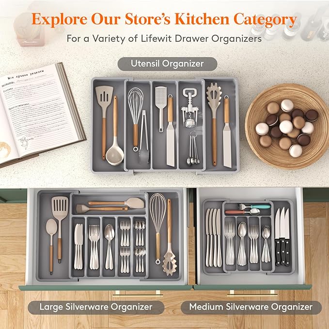 Lifewit Silverware Drawer Organizer, Expandable Utensil Tray for Kitchen, BPA Free Flatware and Cutlery Holder, Adjustable Plastic Storage for Spoons Forks Knives, 8.9-14.7 x 12.2", Gray