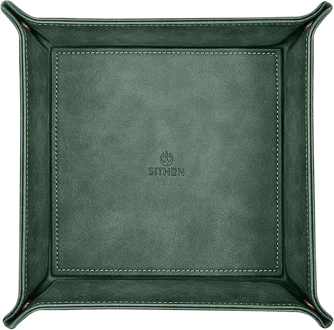 SITHON Valet Tray Desktop Storage Organizer Ã¢ÂÂ Premium PU Leather Catchall Bedside Vanity Tray Nightstand Caddy Holder for Keys, Phone, Wallet, Coin, Valentine's Day Gift, Dark Green