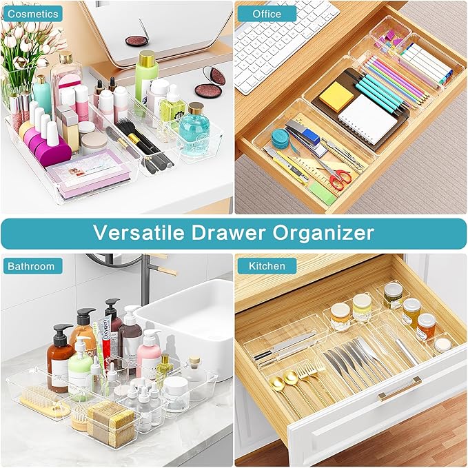 Drawer Organizers Set of 65, 4 Sizes Clear Plastic Drawer Organizers and Storage Bins for Kitchen, Bathroom, Office, Dresser Desk Drawer Organizer Tray for Jewelry, Makeup, Junk, Gadgets
