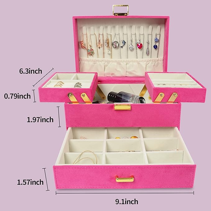 Dajasan Jewelry Organizer Box, Large Jewelry Boxes for Women Girls, Space-Saving 3 Layers Jewelry Storage Case with Drawer, Gift Idea for Christmas, Valentine's Day, Birthday, Mother's Day (Red)