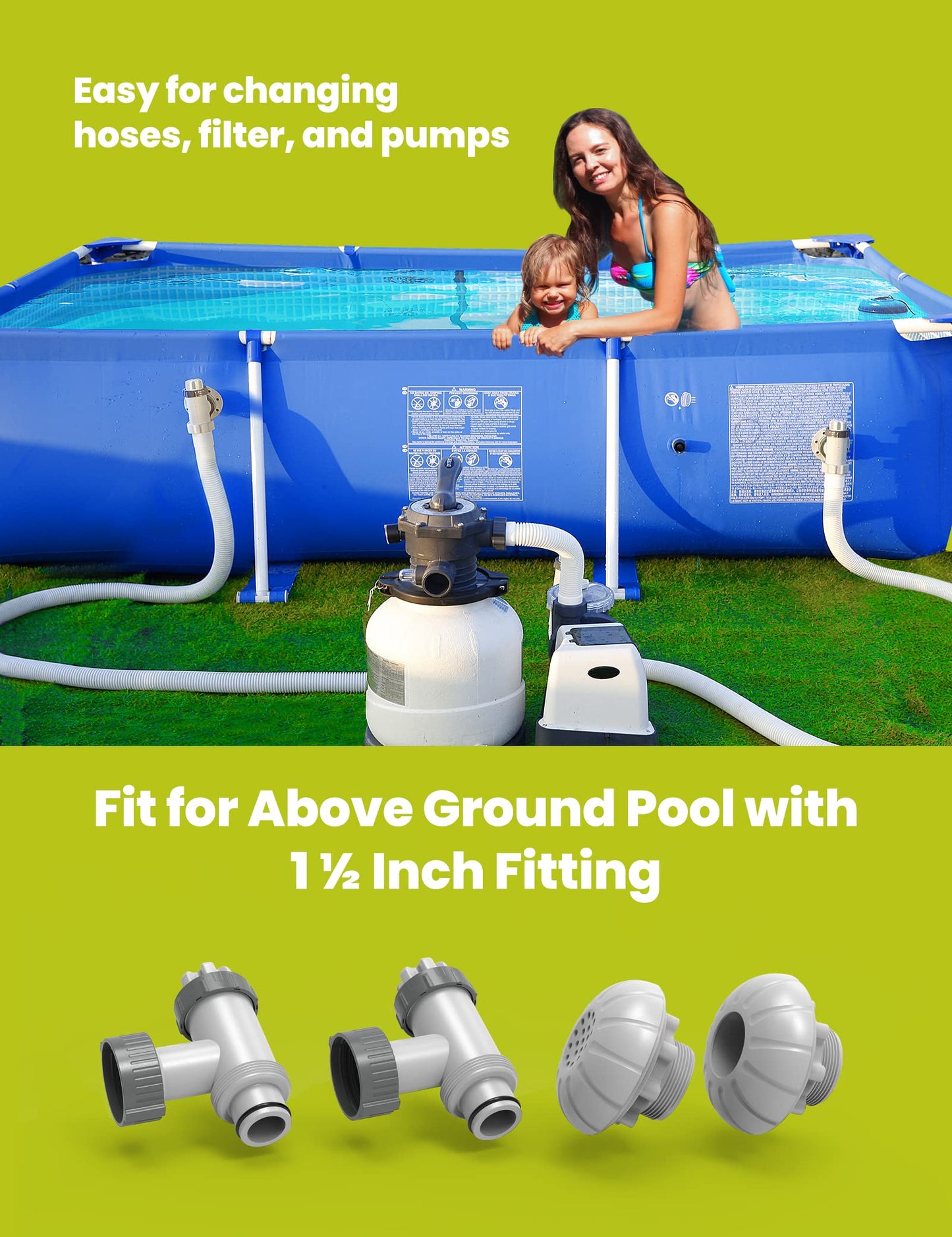 SUMMERBUDDY Above Ground Pool Parts, Replacement Pool Pump Part for Intex/Bestway/Coleman with Plunger Valve, 1.5" Outlet Strainer & Inlet Nozzle, Pool Hose Adapter for Intex Sand Pump (Grey)
