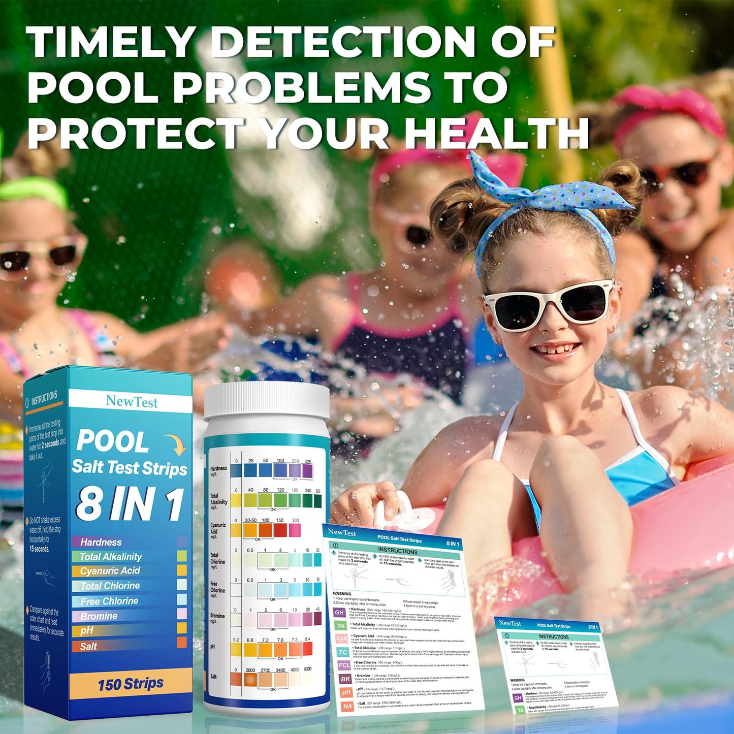 NewTest Pool Salt Test Strips: 150CT 8 in 1 Professional Pool Test Strips for Salt Water Pool & Hot Tub & Spa & Swimming Inground Pools - Quick Accurate Results Saltwater Pool Testing Kit