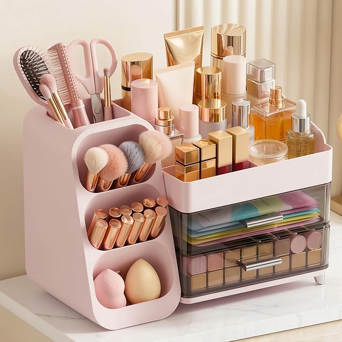 Large Capacity Makeup Organizer Countertop with Makeup Brush Holder for Vanity, Thickened Material, Bathroom Countertop Organizer Skin Care Perfumes Storage, Teen Girl Gifts for 12-23 YearÃ¯Â¼ÂpinkÃ¯Â¼Â