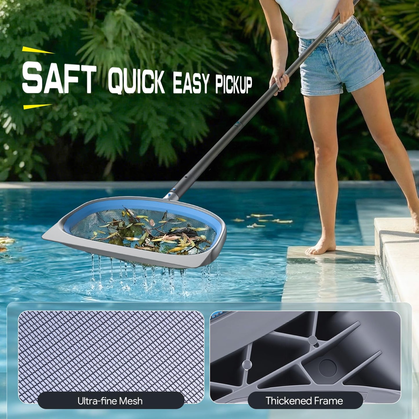 UIRWAY 6-in-1 Deluxe Swimming Pool Cleaning Kit - Includes Detachable Pool Brush, Deep Leaf Skimmer & Fine Mesh Net, Small Brush, Gloves, Adjustable Aluminum Pole Inground & Above Ground Cleaning