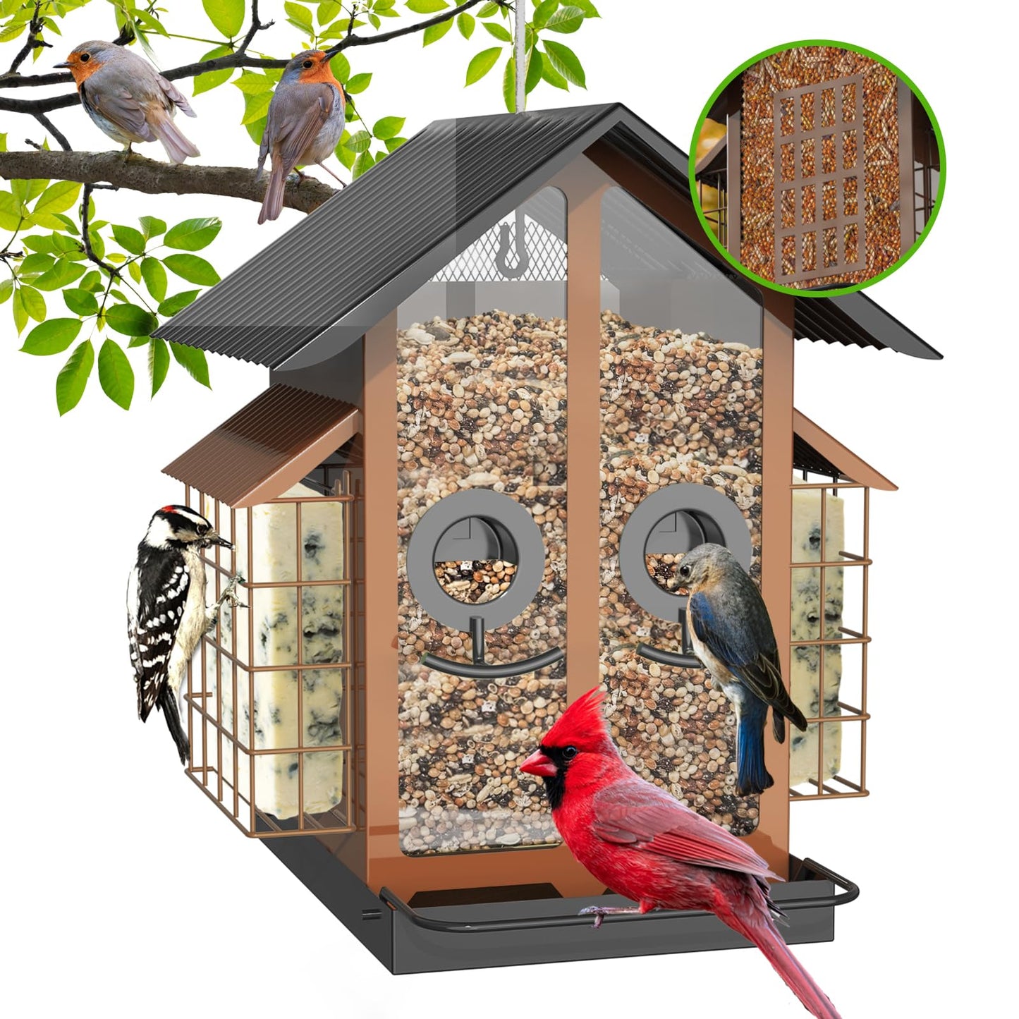 FlowaFoli Bird Feeders for Outdoors, Metal Bird Feeder with Double Suet Cage Weatherproof Metal Roof, 2 in 1 Mixed Seeds Suet Feeder, 4Lbs Large Capacity, Great for FinchãCardinalãChickadeeï¼Brownï¼