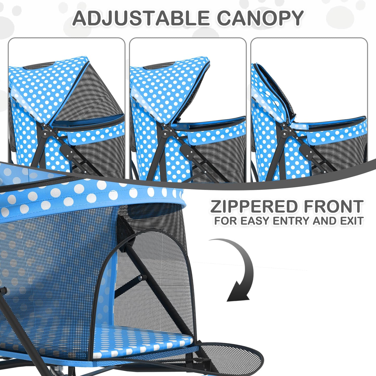 MoNiBloom 4 Wheels Pet Stroller, Easy-Fold Umbrella Shaped Dog Cat Jogger Stroller w/Storage Bag & Visible Mesh for Small/Medium Dogs Cats Sky Blue Polka Dots