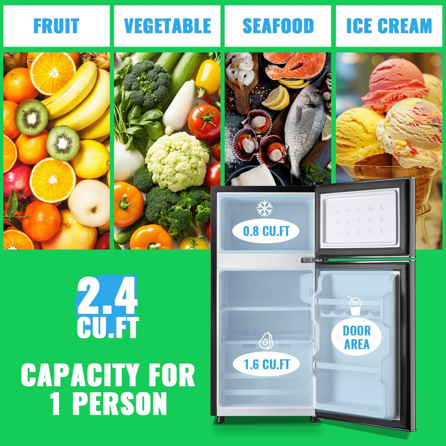 DEMULLER 2.4 Cu.Ft Mini Fridge with Freezer & Double Door Small Tiny Size Refrigerator with 7 Temperature Control Knob Only Suitable for One Person Use Black