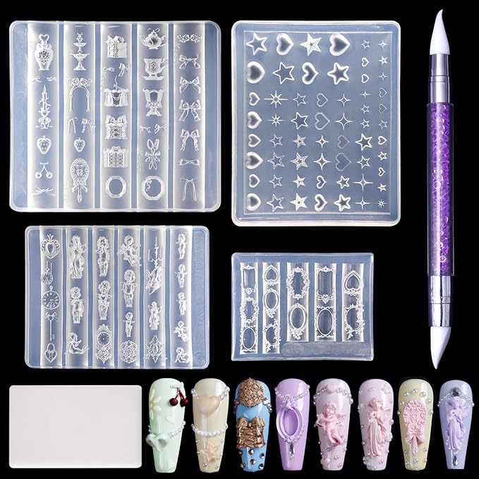 Laza 4pcs Silicone Nail Art Molds, 3D Virgin Mary, Mirror Frame, Heart, Bowknot Exquisite Silicone Y2K Nail Accessories with Carving Pen Resin Nail Art Mold Manicure Tools for DIY Salon Nail Design