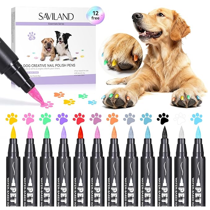 SAVILAND Dog Nail Polish Pens Quick Dry: 12 Colors Safe Pet Nail Art Polish Pens Set Brush Tip for DIY Dogs Cats Puppy Nails, Non Toxic, Odorless, Easy to Apply Home & Salon Use