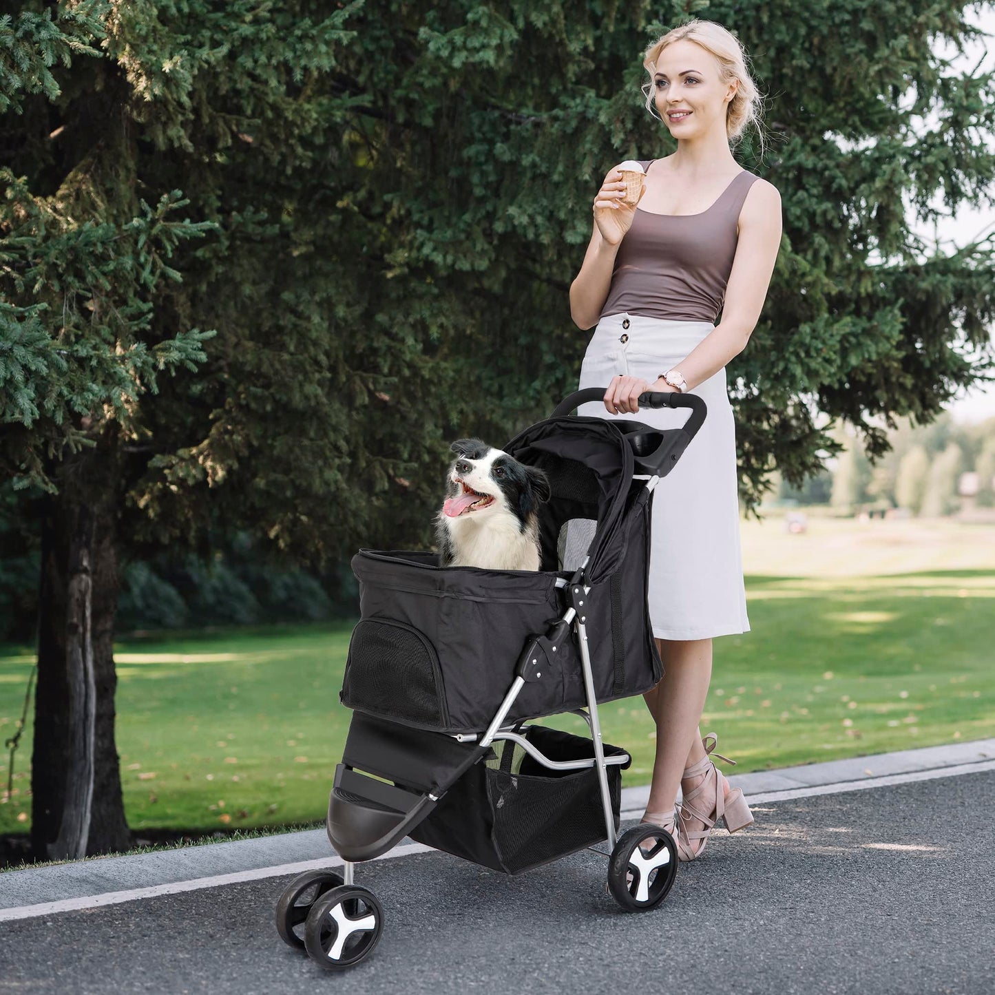 Epetlover 3 Wheels Dog Stroller, Pet Strolling Cart with Skylight Storage Basket Cup Holder Storage Tray, Animal Carrier for Medium Small Dogs and Cats, Easy Walk