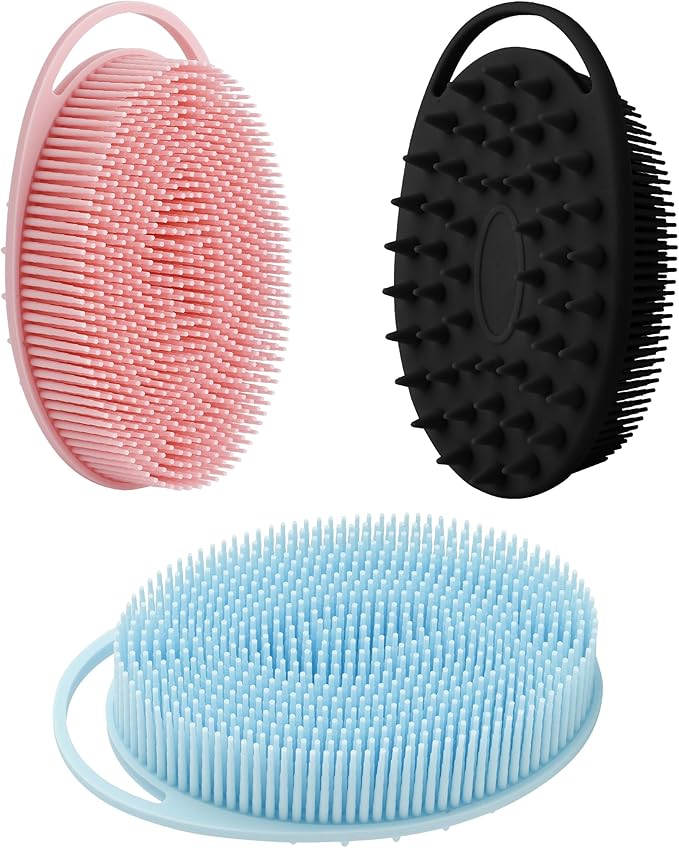 Silicone Body Scrubber, Silicone Loofah, 3 Pcs Silicone Shower Scrubber, Exfoliating Silicone Shower Scrubber, 2 in 1 Silicone Body Scrub Brush Scalp Massager Shampoo Brush for All Skin Men Women Kids