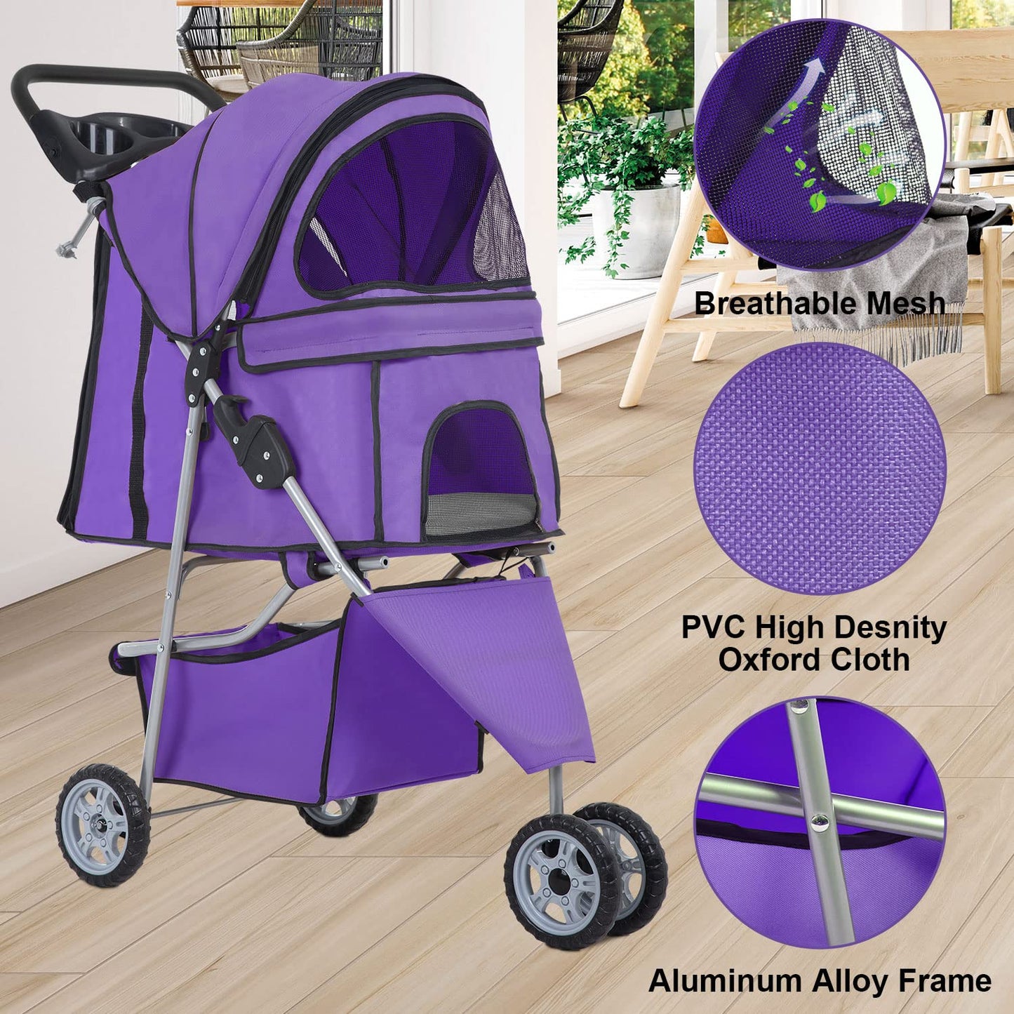 BestPet 3 Wheels Pet Stroller Dog Cat Cage Jogger Stroller Waterproof Puppy Travel Folding Carrier with Cup Holder,Purple