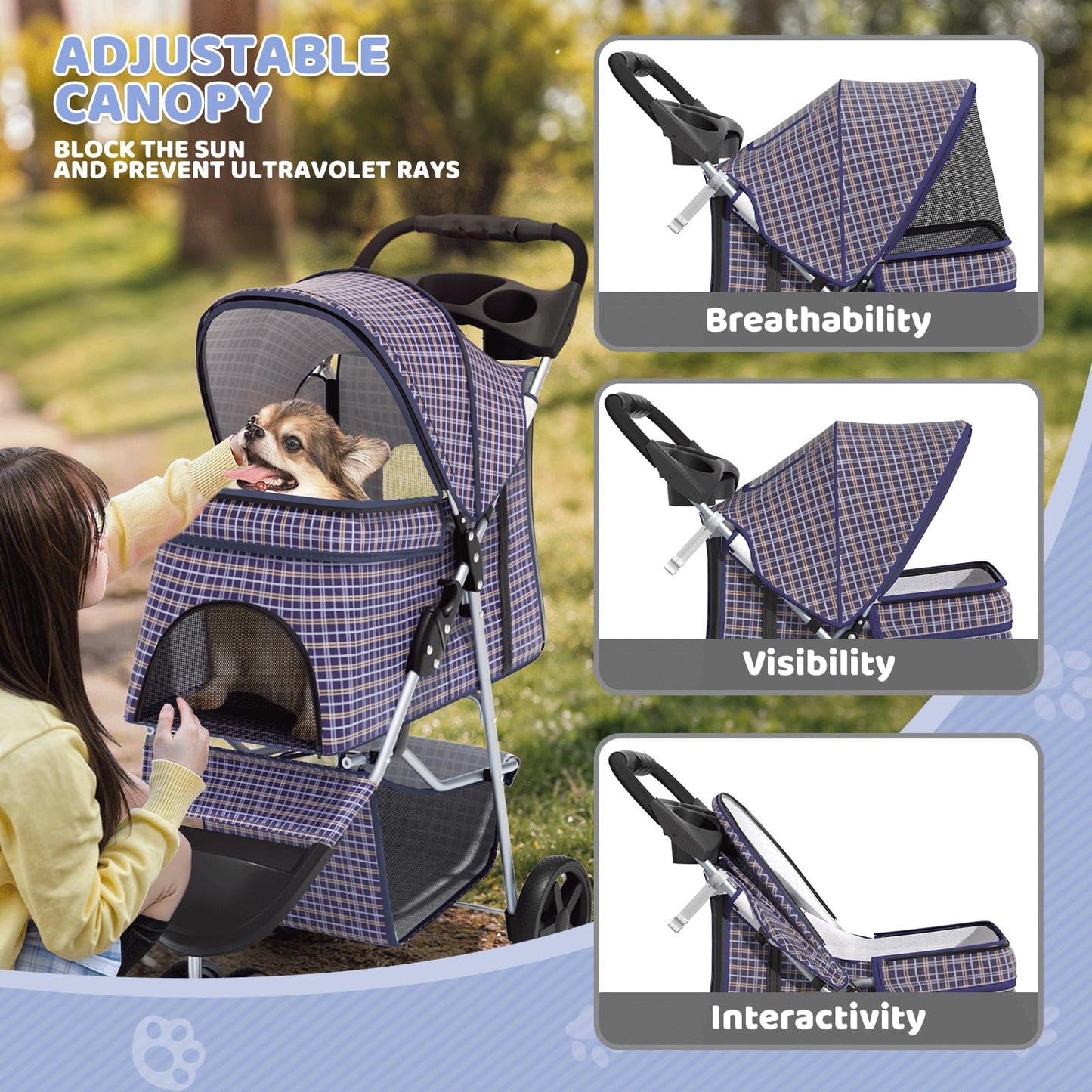 Magshion 3-Wheel Pet Stroller, Foldable Travel Jogger for Small & Medium Dogs & Cats (Up to 33lbs), Lightweight Carrier with Breathable Mesh Cover, Cup Holder & Storage Basket, Plaid