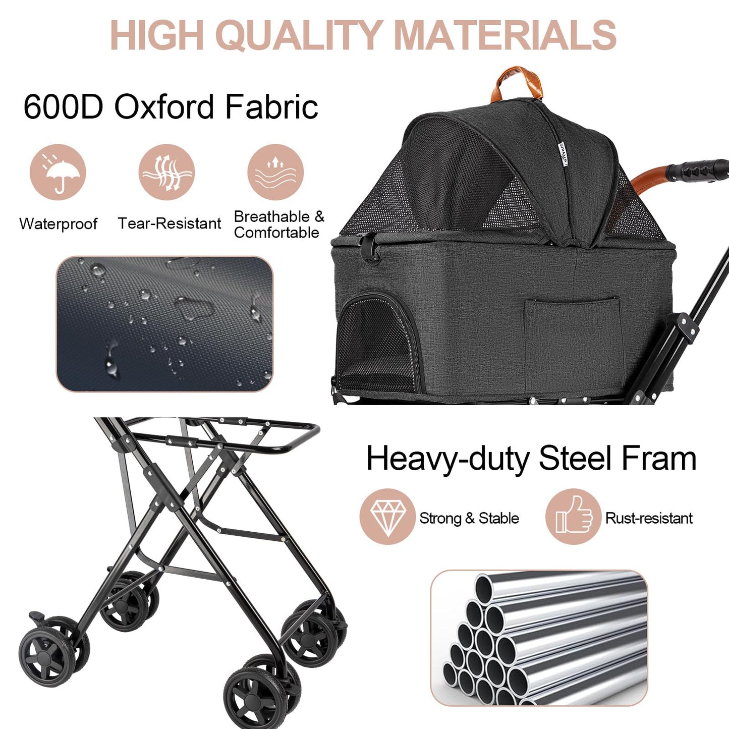 LPOTIUS Double Pet Stroller with Detachable Carrier for Medium Small Dogs and Cats, Lightweight Dog Stroller Travel Carriage with No-Zip Canopy Storage Basket One-Click Folding and One-Foot Brake