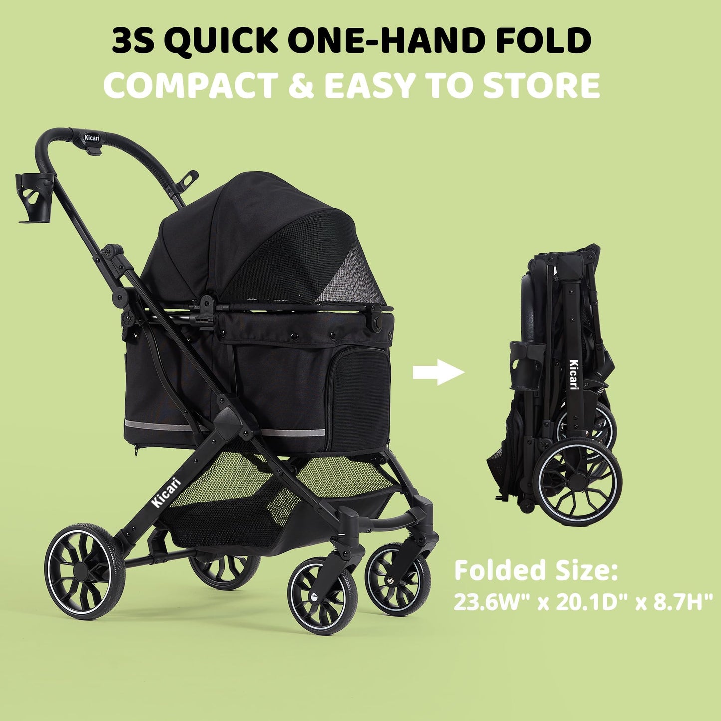 Kicari All-Terrain Dog Stroller for Small to Medium Dogs, Pet Stroller for Dogs & Cats Outdoor Walks, One-Hand Easy Fold, Double-Layer Anti-UV & Waterproof Canopy & Breathable Mesh, Samurai Black