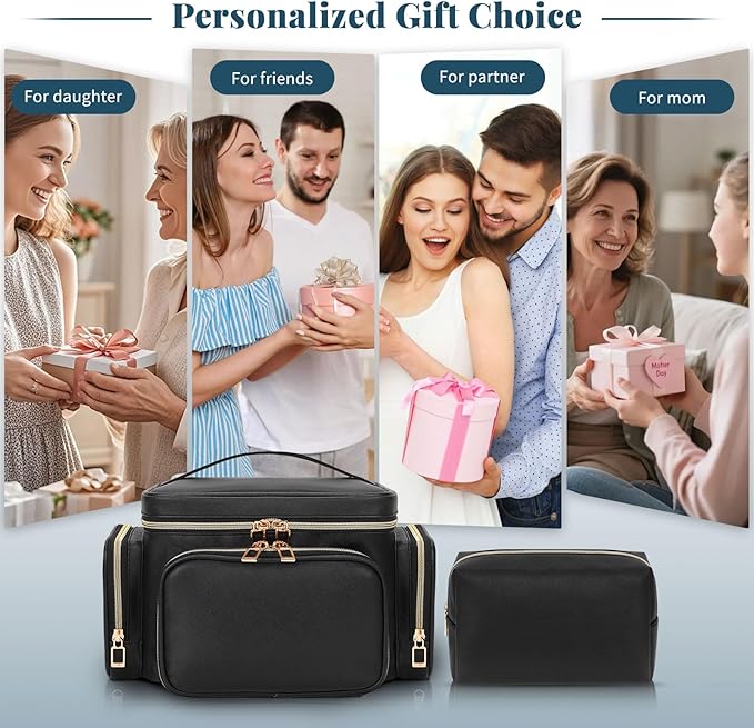 Makeup Bag Set, Portable Travel Makeup Bag Organizer for Women Cute Cosmetic Pouch Large Capacity with Makeup Brush Compartment, Cosmetic Travel Bag with Divider and Handle Toiletry Bag - Black