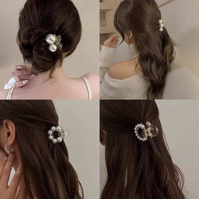 Pearl Hair Clips for Women, Small Hair Claw Clip Strong Hold,Mini Banana Jaw Clip Barrettes Nonslip,Hair Accessories Set Birthday Wedding Gift for Girl Thick Thin Curly Hair(5 PCS)