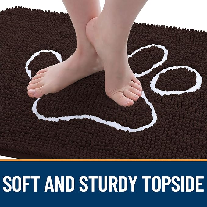 OLANLY Dog Door Mat for Muddy Paws 70x35, Paw Print Design, Absorbs Moisture and Dirt, Absorbent Non-Slip Washable Doormat, Quick Dry Chenille Mud Mat for Dogs, Entry Indoor Entryway Carpet, Brown