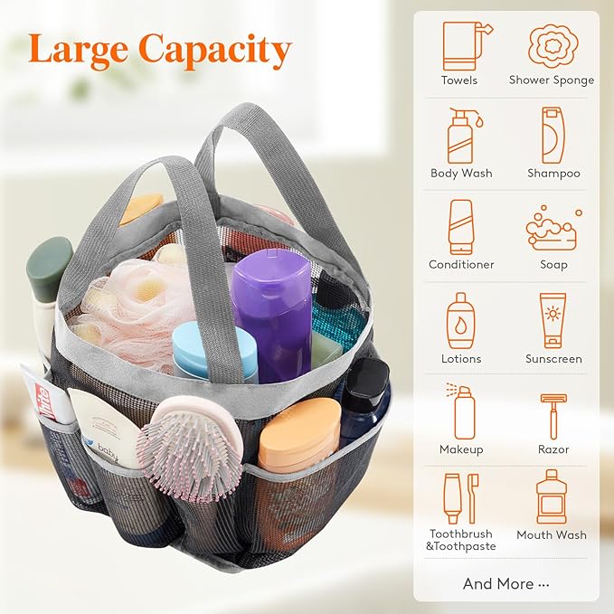 Lifewit Mesh Shower Caddy Portable for College Dorm Room Essentials with 7 Pockets, Freestanding Hanging Organizer Basket, Quick Dry Tote Bag for Camping, Bathroom, Beach, Travel, 1 Pack, Grey
