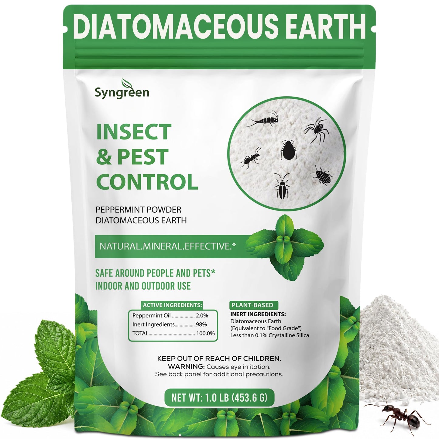 Diatomaceous Earth Food Grade Powder with Peppermint - Crawling Insect Killer for Bed Bugs, Roaches, Ants, Fleas - Indoor & Outdoor Pest Control | Family & Pet Safe | 1 lb