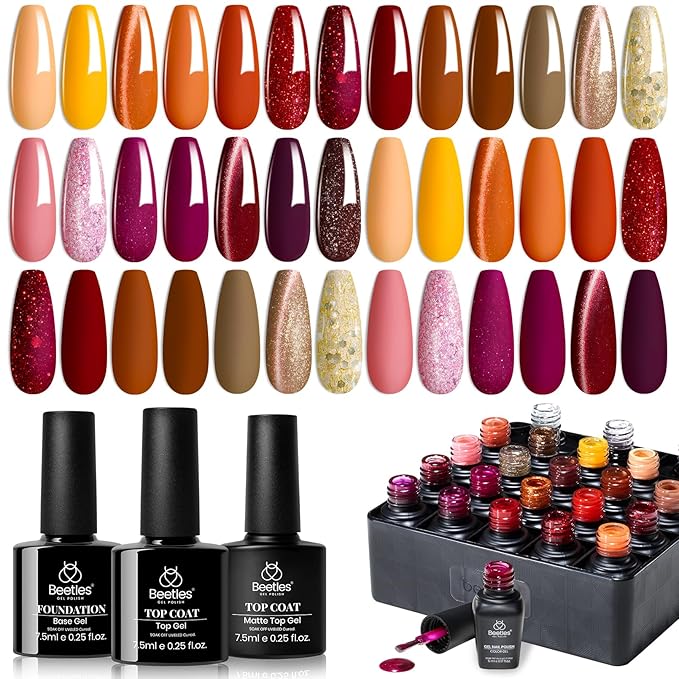 Beetles Gel Nail Polish Set – Autumn Aura 20 Colors Gel Polish Kit, Burgundy Red Brown Yellow Orange Purple Cat Eye & Glitter Soak Off UV LED Manicure with Base Glossy Matte Top Coat
