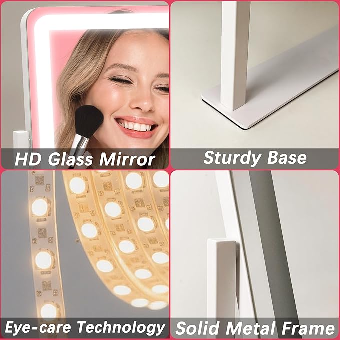 ROLOVE Vanity Mirror with Lights, 12.6"x15" LED Makeup Mirror with Lights, Smart Touch Control 3 Color Dimmable, Lighted Desk Mirror for Bedroom, Light Up Mirror