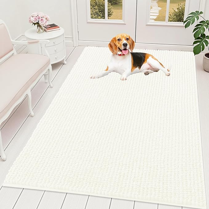 OLANLY Dog Door Mat for Muddy Paws 59x35, Ultra Absorbent Chenille Mud Doormat, Non-Slip Washable and Dirt Trapping Doormat for Indoor Entryway, Quick-Dry Indoor Pet Bed Mats for Dogs, Ivory