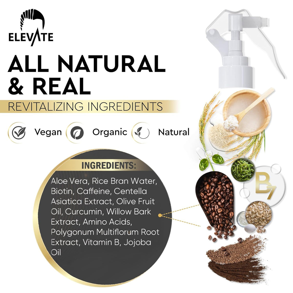 Elevate Rice Water Hair Growth Spray - Infused with Biotin, Caffeine & Aloe Vera for Thicker, Longer, Softer Hair - Fermented Leave In Mist for Thinning, Damaged Hair - Vegan & Non-Greasy