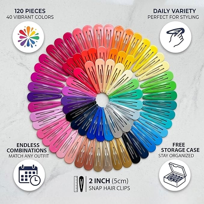 120 Pack Colorful Metal Snap Hair Clips, 2 Inch Barrettes in 40 Assorted Candy Colors, Non-Slip Hair Accessories for Kids Teens Women