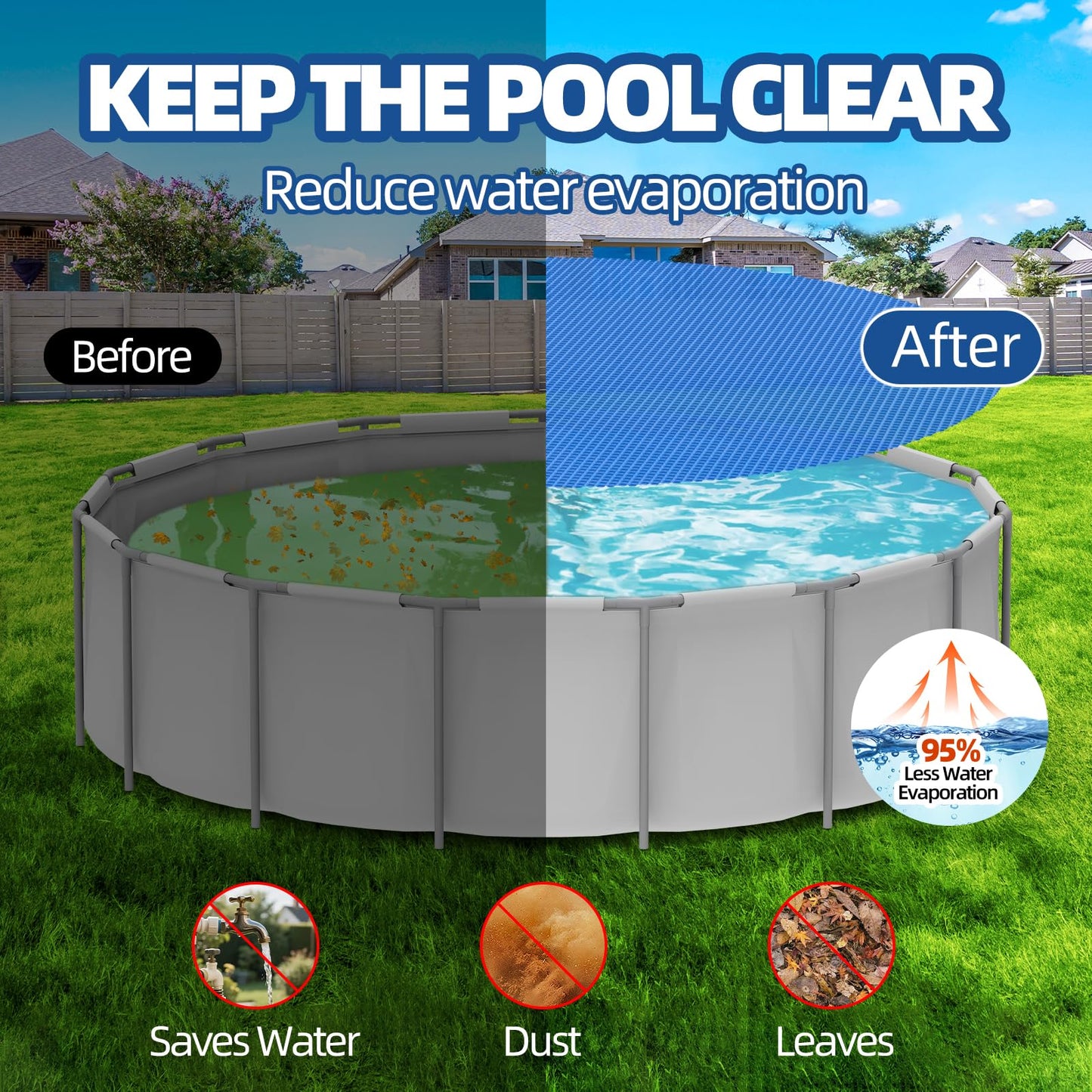 Solar Pool Cover 8 ft Round, Solar Pool Blanket for Above Ground & Inground Pools, Hot Tubs and Spas, Thermal Bubble Cover for Heat Retention, Reduces Evaporation (96 x 96 Inch)