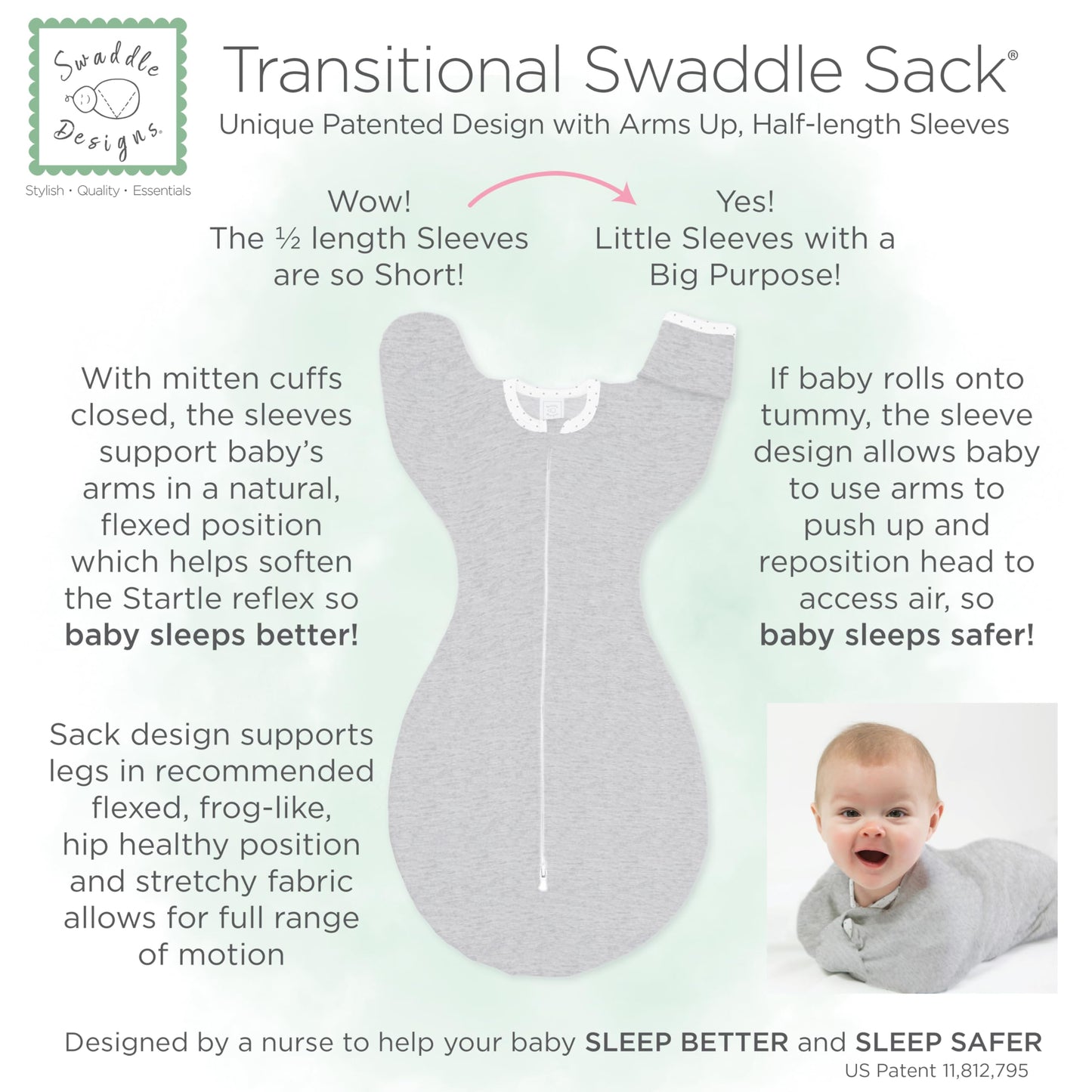 SwaddleDesigns Transitional Swaddle Sack, Arms Up Half-Length Sleeves & Mitten Cuffs, Swaddle for Newborn Transition to Baby Sleep Sack Wearable Blanket, Small, 0-3 Month, 6-14 lb, Heathered Jadeite