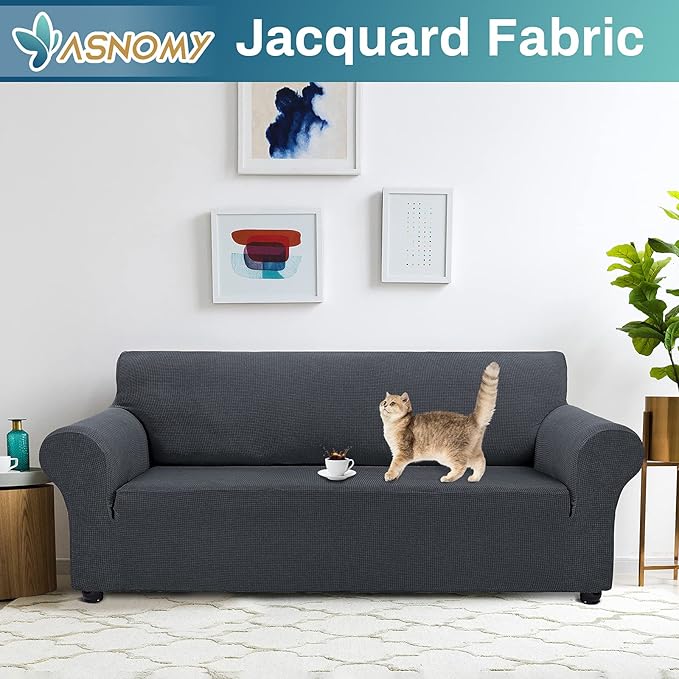 Asnomy Couch Covers for 3 Cushion Couch Stretch Sofa Covers Slipcovers, Pet Protector Furniture Covers for Dogs Cats Spandex Jacquard Fabric Small Checks （X-Large，Charcoal Ash）