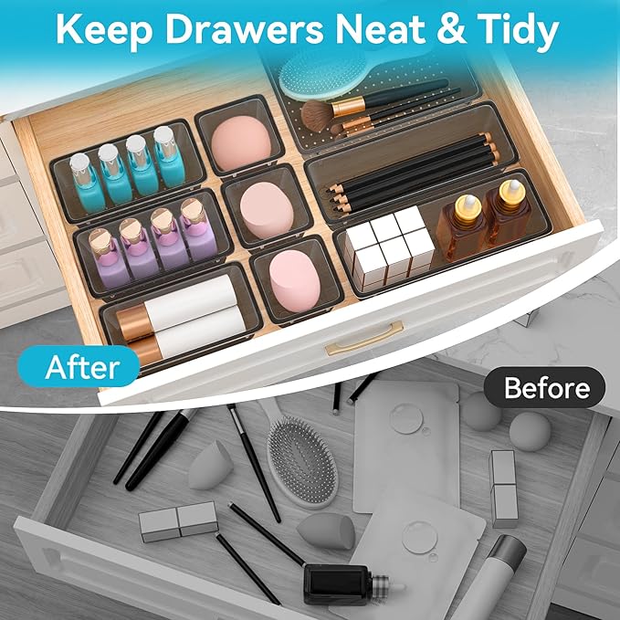 12-Piece Drawer Organizer Set, 4 Sizes Versatile Plastic Vanity Organizer for Makeup, Stationery, Gadgets, in Kitchen, Bathroom, Office, and Bedroom, Black