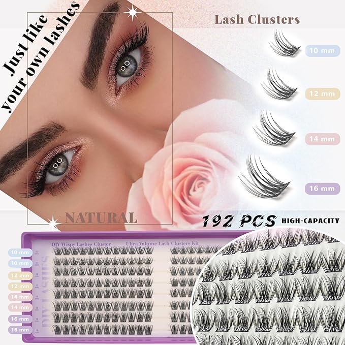 Wispy Lash Clusters Kit, Natural Lash Cluster Eyelash Extensions 192 Pcs C Curl 10-16mm Individual Fluffy False Eyelashes Thin Band DIY Kit for Beginners at Home with Bond Seal Remover Tweezers Brush