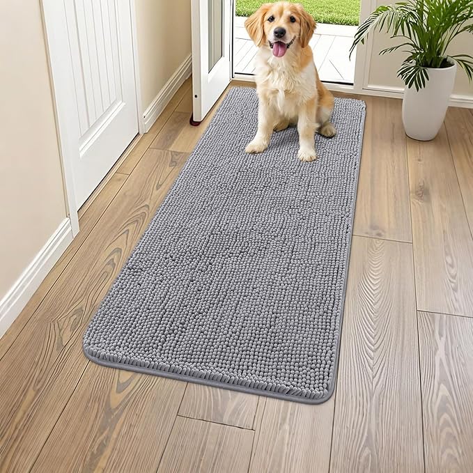 Smiry Dog Door Mat for Muddy Paws 44x24, Absorbs Moisture and Dirt Doormat, Non-Slip Washable Quick Dry Chenille Front Door Mat Indoor Entrance, Entryway Carpet for Inside Floor, Grey