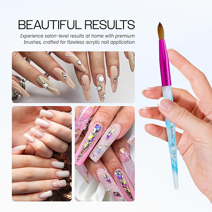PANA USA Acrylic Nail Brush Pure Kolinsky Hair Acrylic White Swirl Blue Handle with Pink Ferrule Round Shaped - Size 8