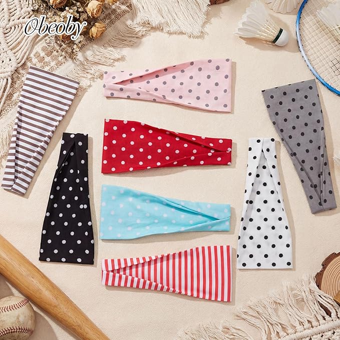 obeoby 8 Pack Polka Dot Headband for Retro Y2K Style, Trendy Stripe Hairbands for Festival Outfits Girls Non Slip Head Bands for Women's Hair