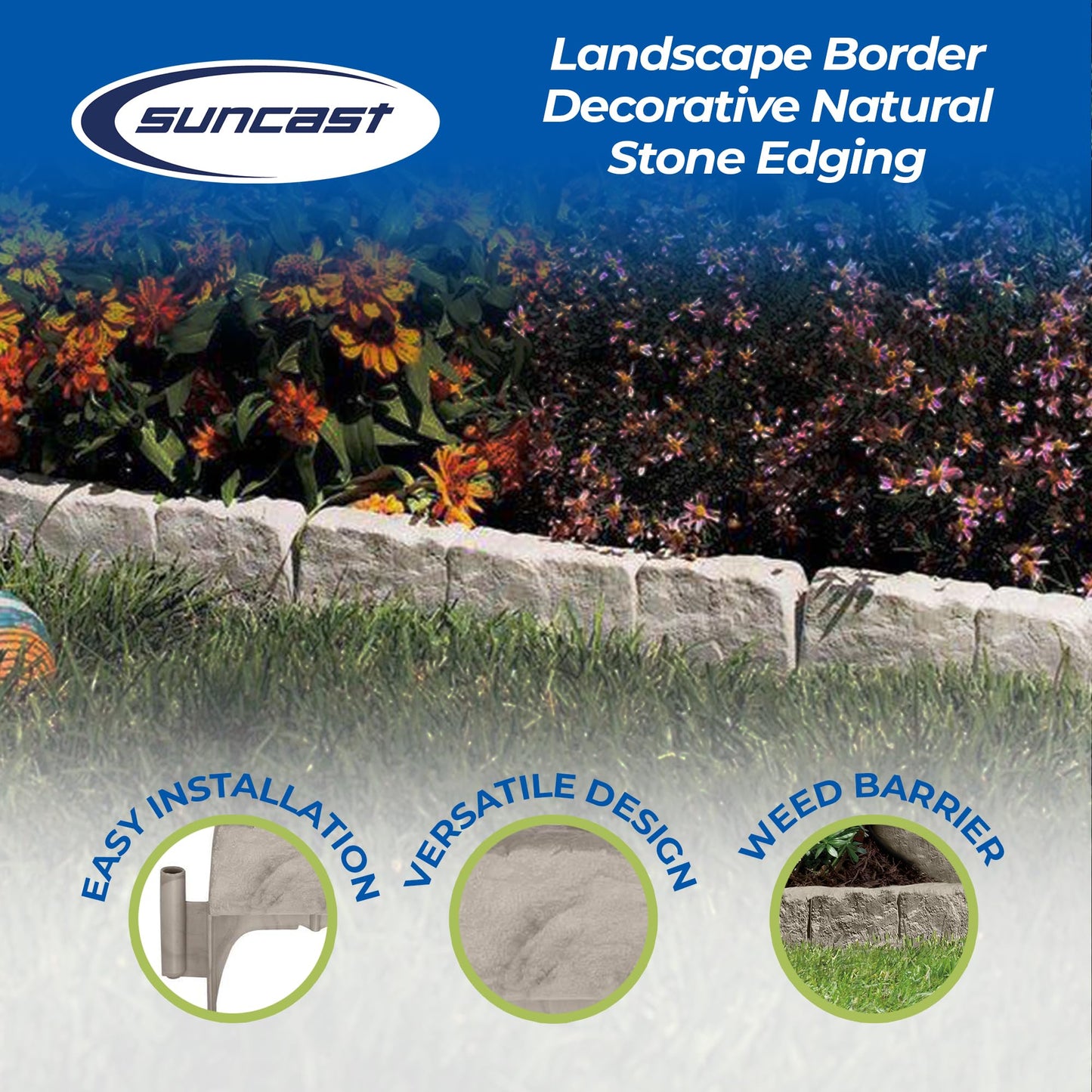 Suncast Interlocking Border Edging - Stone -Like Poly Construction for Garden, Lawn, and Landscape Edging - Water Resistant Border for Containing Trees, Flower Beds and Walkways - Light Taupe, 30
