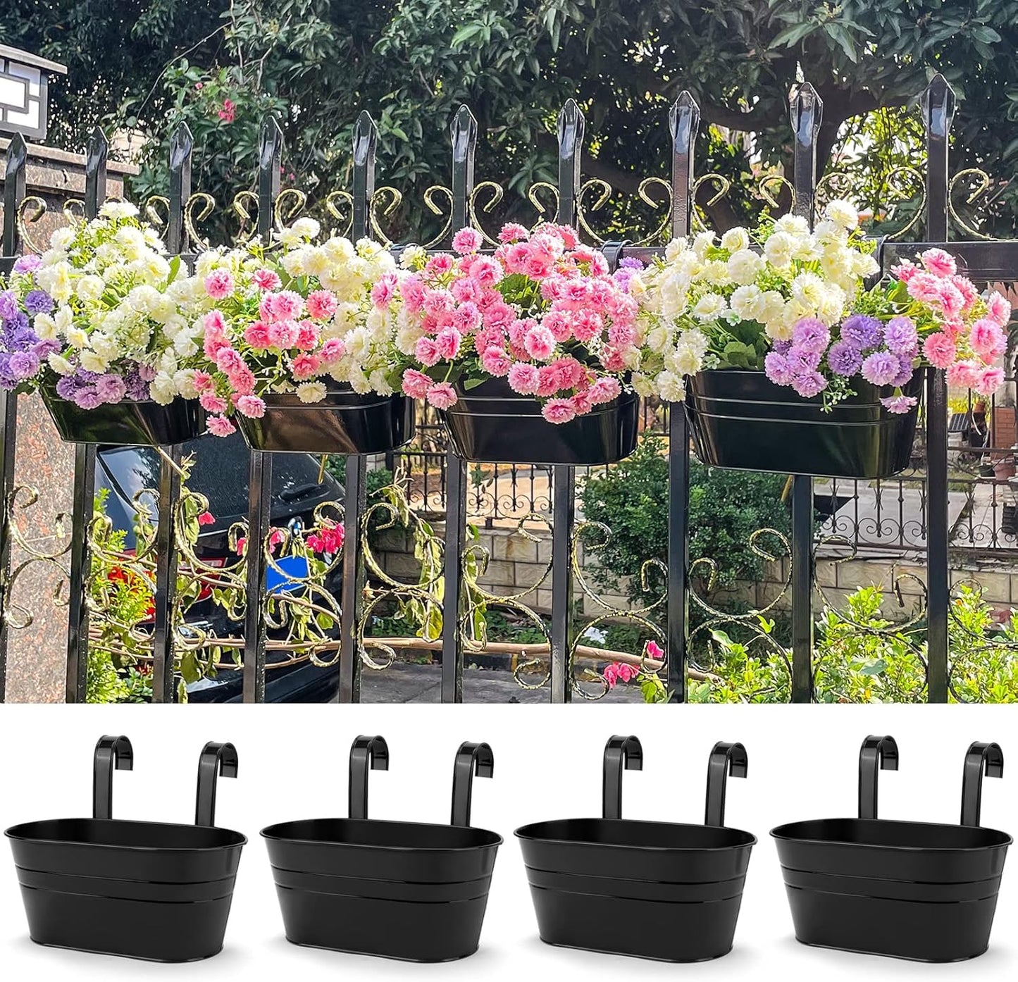 OGIMA 8pcs Hanging Planters Flower Pots, Metal Iron Wall Planter Indoor/Outdoor for Railing Balcony Garden Home Decoration with Detachable Hooks