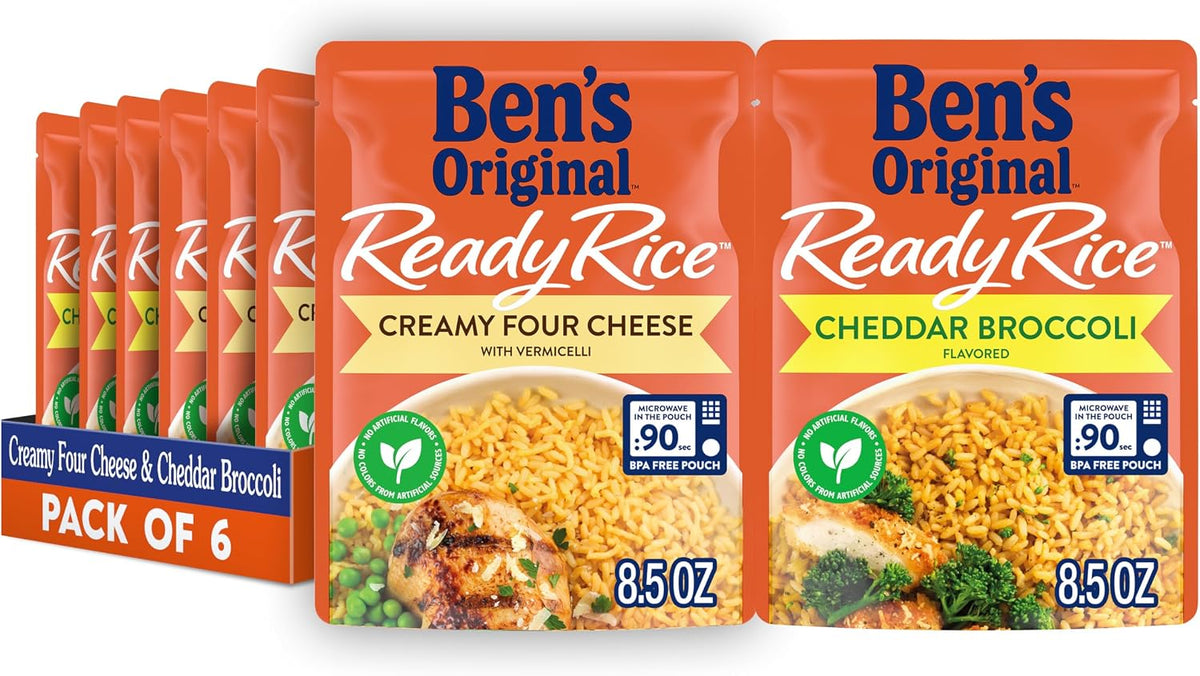 BEN'S ORIGINAL Ready Rice Creamy Four Cheese and Cheddar Broccoli Variety Pack, Easy Dinner Sides, 8.5 OZ Pouch (Pack of 6)