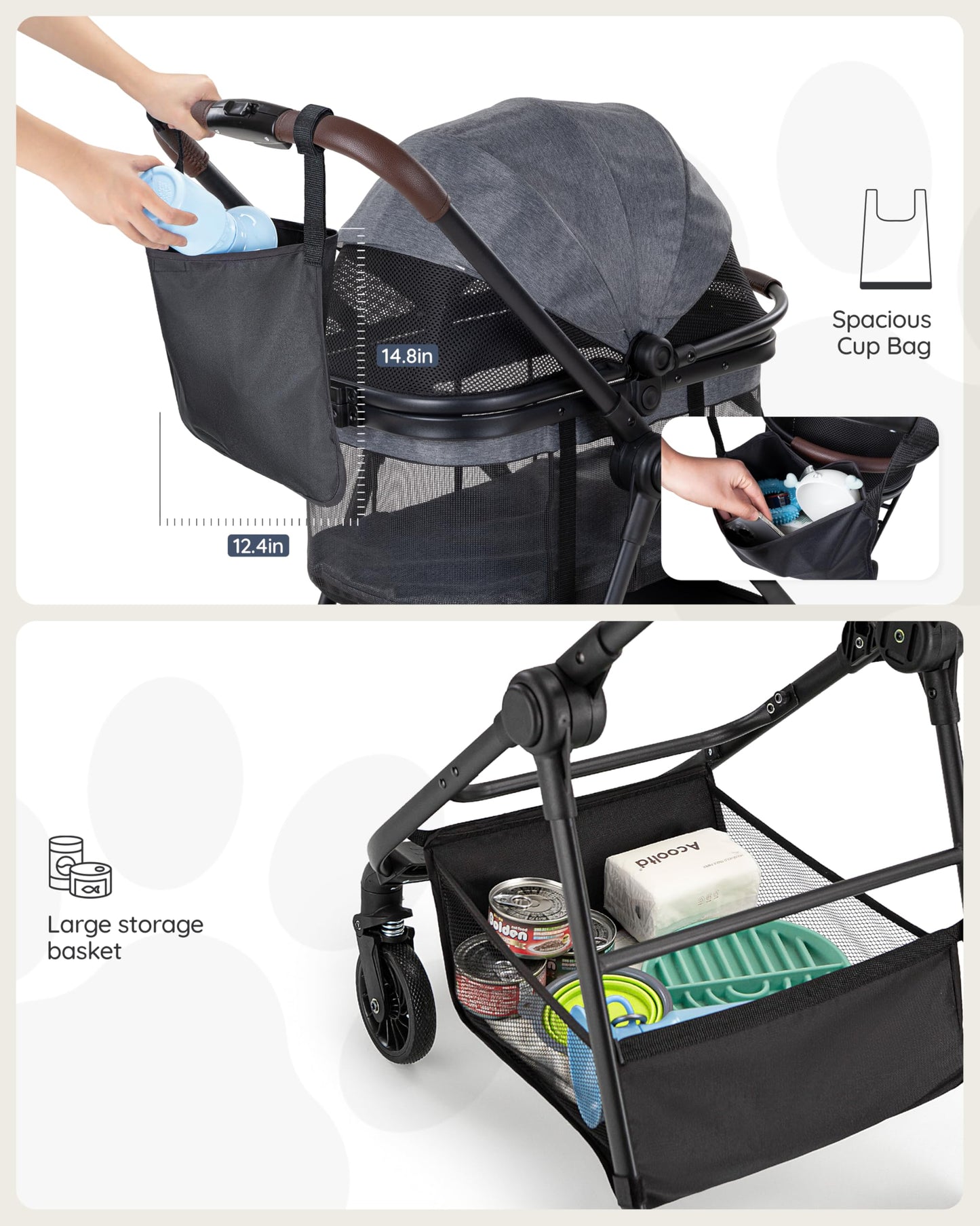 OJCME 3 in 1 Pet Carrier Stroller with Detachable Carrier, Foldable Dog & Cat Stroller for Small/Medium Dogs up to 33 lbs, Large Storage Bag, Full Window Mesh, One-Touch Dual Brake, Car Seat