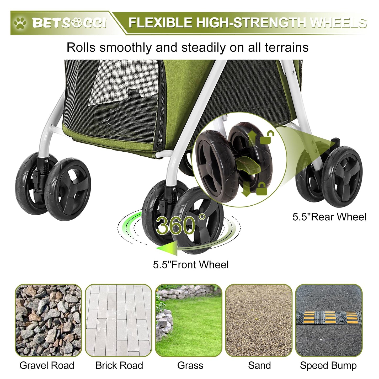 BETSOCCI Double Dog Stroller with 2 Detachable Carrier, Portable Pet Stroller for Small Dogs & Cats Folding Lightweight Puppy Travel Carriage, 4 Wheels, Olive Green